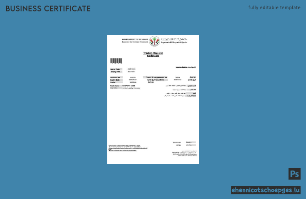 Beispiel eines Word- und PDF-Beispiels für ein Handelslizenzzertifikat für Sharjah in den VAE